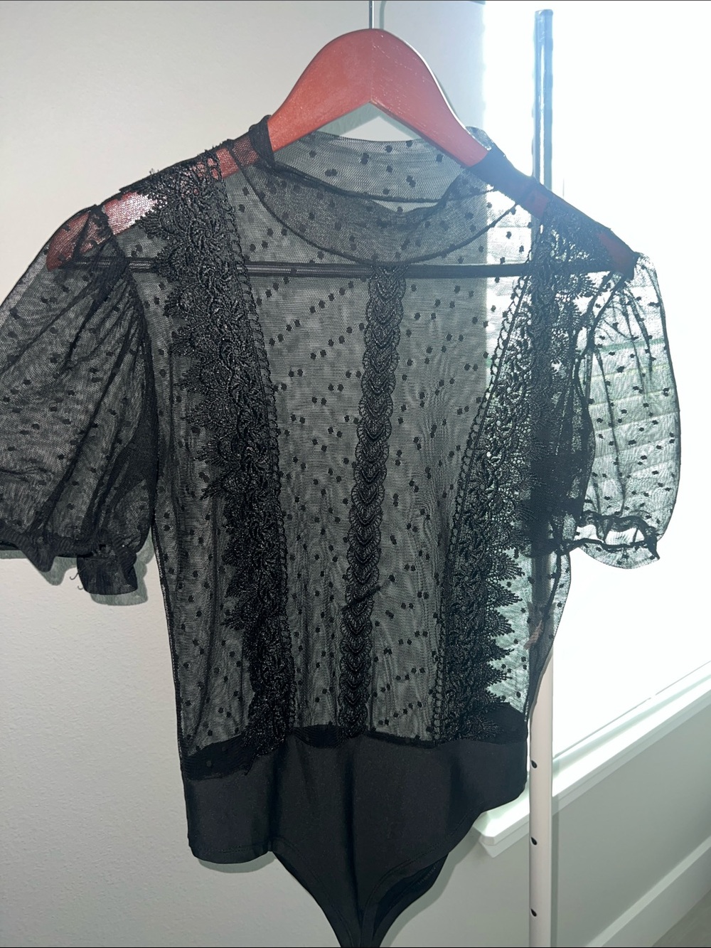 Zara Black Sheer Lace Dot-Detail Bodysuit